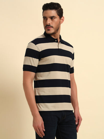 T-Shirt for Men | Breathable & Soft with Color Fastness Regular Fit Polo Neck Poly Cotton Fabric Striped Pattern