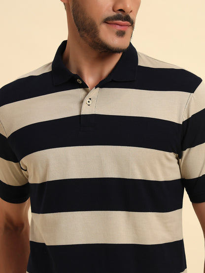 T-Shirt for Men | Breathable & Soft with Color Fastness Regular Fit Polo Neck Poly Cotton Fabric Striped Pattern