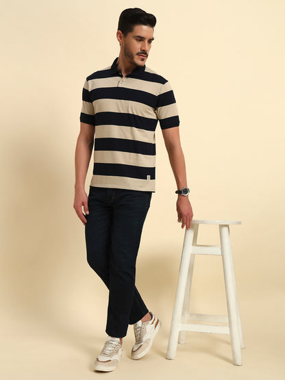 T-Shirt for Men | Breathable & Soft with Color Fastness Regular Fit Polo Neck Poly Cotton Fabric Striped Pattern