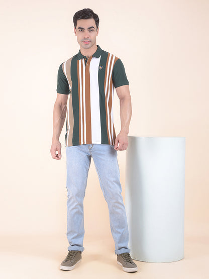 T-Shirt for Men | Breathable & Soft with Color Fastness Regular Fit Polo Neck Poly Cotton Fabric Striped Pattern