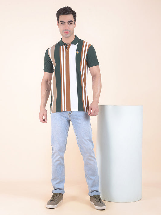 T-Shirt for Men | Breathable & Soft with Color Fastness Regular Fit Polo Neck Poly Cotton Fabric Striped Pattern