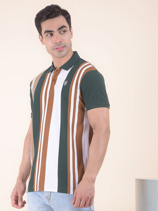 T-Shirt for Men | Breathable & Soft with Color Fastness Regular Fit Polo Neck Poly Cotton Fabric Striped Pattern