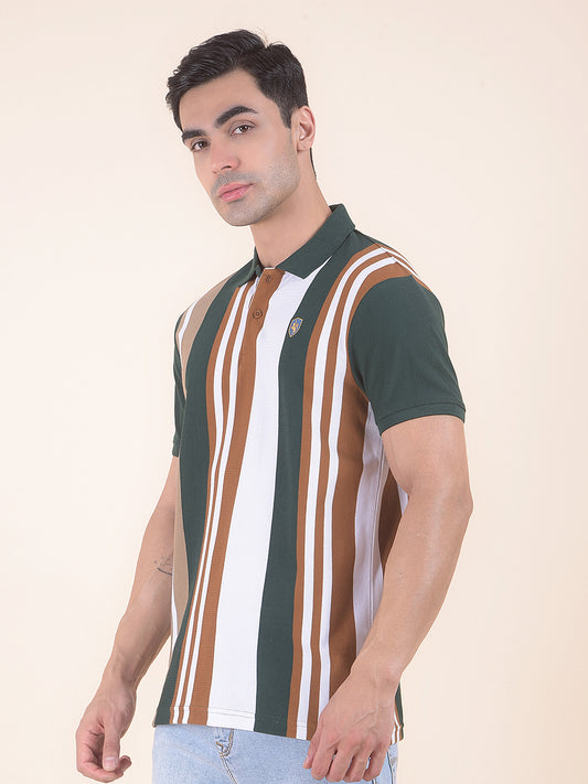 T-Shirt for Men | Breathable & Soft with Color Fastness Regular Fit Polo Neck Poly Cotton Fabric Striped Pattern
