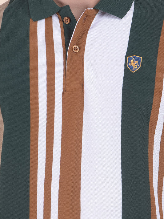 T-Shirt for Men | Breathable & Soft with Color Fastness Regular Fit Polo Neck Poly Cotton Fabric Striped Pattern