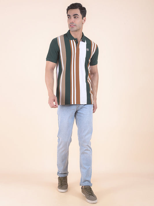 T-Shirt for Men | Breathable & Soft with Color Fastness Regular Fit Polo Neck Poly Cotton Fabric Striped Pattern