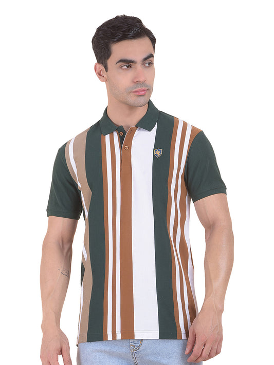 T-Shirt for Men | Breathable & Soft with Color Fastness Regular Fit Polo Neck Poly Cotton Fabric Striped Pattern
