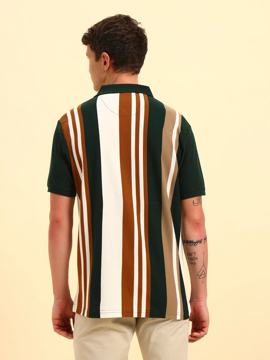 T-Shirt for Men | Breathable & Soft with Color Fastness Regular Fit Polo Neck Poly Cotton Fabric Striped Pattern