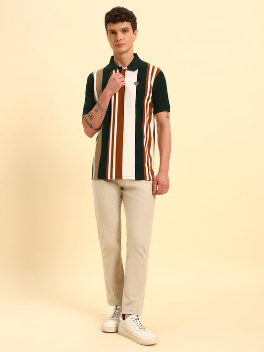 T-Shirt for Men | Breathable & Soft with Color Fastness Regular Fit Polo Neck Poly Cotton Fabric Striped Pattern