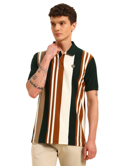 T-Shirt for Men | Breathable & Soft with Color Fastness Regular Fit Polo Neck Poly Cotton Fabric Striped Pattern