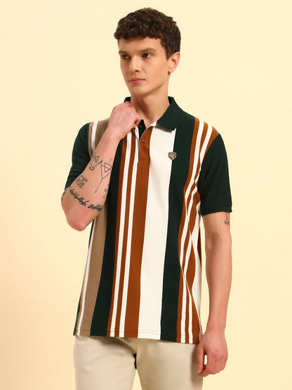 T-Shirt for Men | Breathable & Soft with Color Fastness Regular Fit Polo Neck Poly Cotton Fabric Striped Pattern