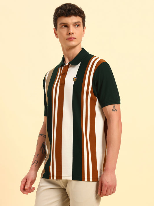 T-Shirt for Men | Breathable & Soft with Color Fastness Regular Fit Polo Neck Poly Cotton Fabric Striped Pattern