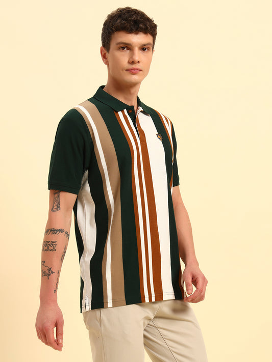 T-Shirt for Men | Breathable & Soft with Color Fastness Regular Fit Polo Neck Poly Cotton Fabric Striped Pattern