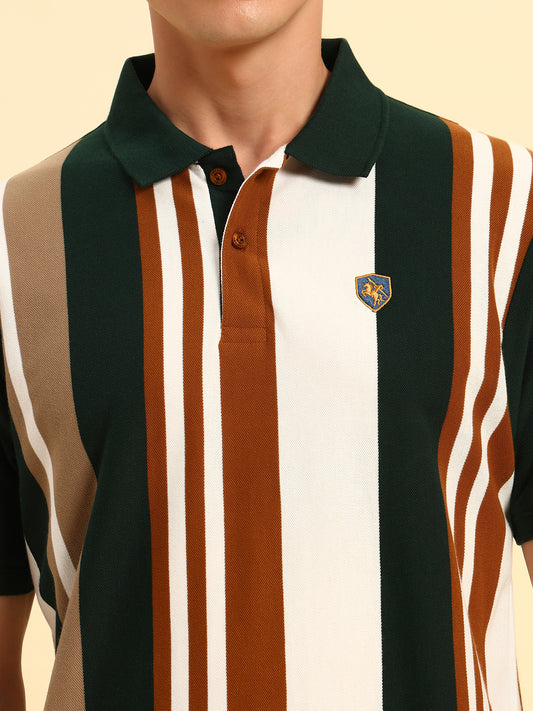 T-Shirt for Men | Breathable & Soft with Color Fastness Regular Fit Polo Neck Poly Cotton Fabric Striped Pattern
