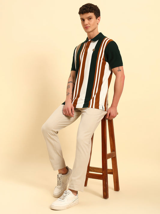 T-Shirt for Men | Breathable & Soft with Color Fastness Regular Fit Polo Neck Poly Cotton Fabric Striped Pattern