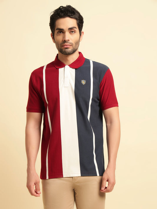 T-Shirt for Men | Breathable & Soft with Color Fastness Regular Fit Polo Neck Poly Cotton Fabric Colour Block Pattern