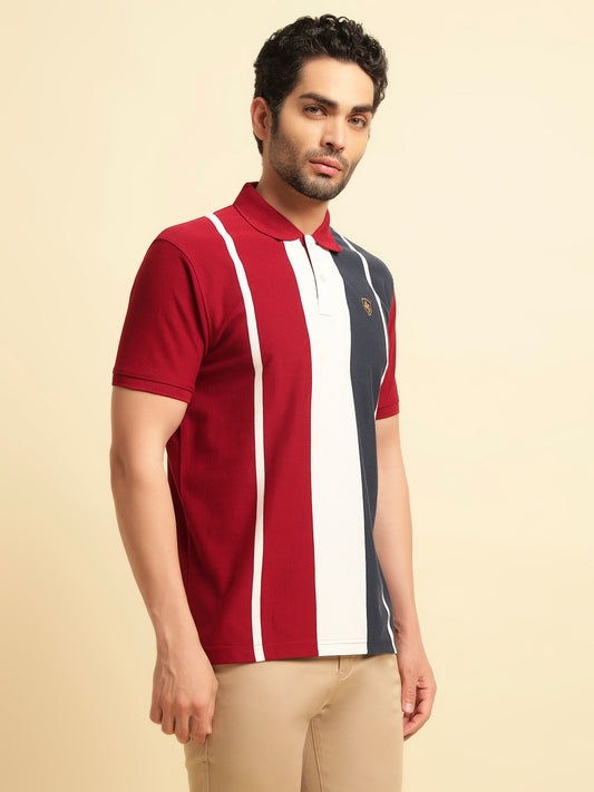 T-Shirt for Men | Breathable & Soft with Color Fastness Regular Fit Polo Neck Poly Cotton Fabric Colour Block Pattern