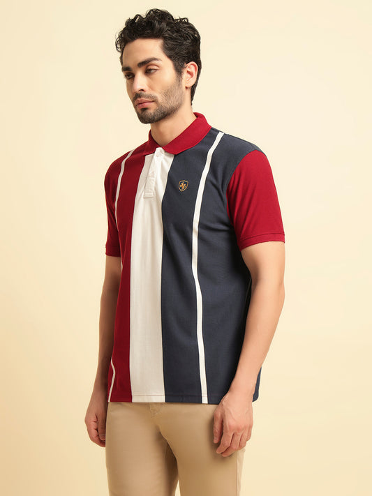 T-Shirt for Men | Breathable & Soft with Color Fastness Regular Fit Polo Neck Poly Cotton Fabric Colour Block Pattern