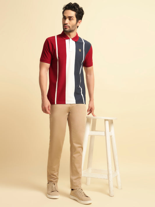 T-Shirt for Men | Breathable & Soft with Color Fastness Regular Fit Polo Neck Poly Cotton Fabric Colour Block Pattern