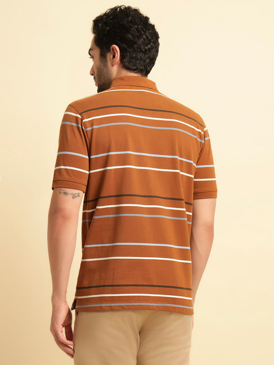 T-Shirt for Men | Breathable & Soft with Color Fastness Regular Fit Polo Neck Poly Cotton Fabric Striped Pattern