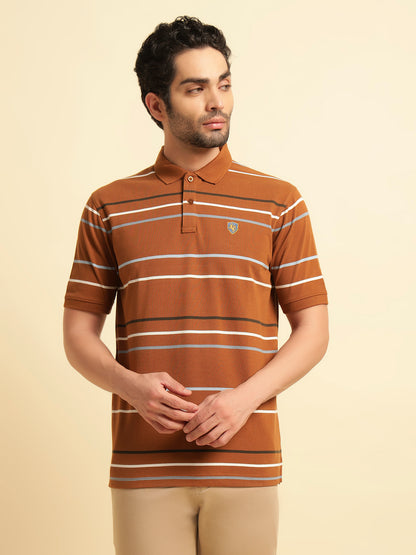 T-Shirt for Men | Breathable & Soft with Color Fastness Regular Fit Polo Neck Poly Cotton Fabric Striped Pattern