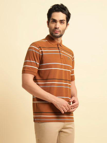 T-Shirt for Men | Breathable & Soft with Color Fastness Regular Fit Polo Neck Poly Cotton Fabric Striped Pattern
