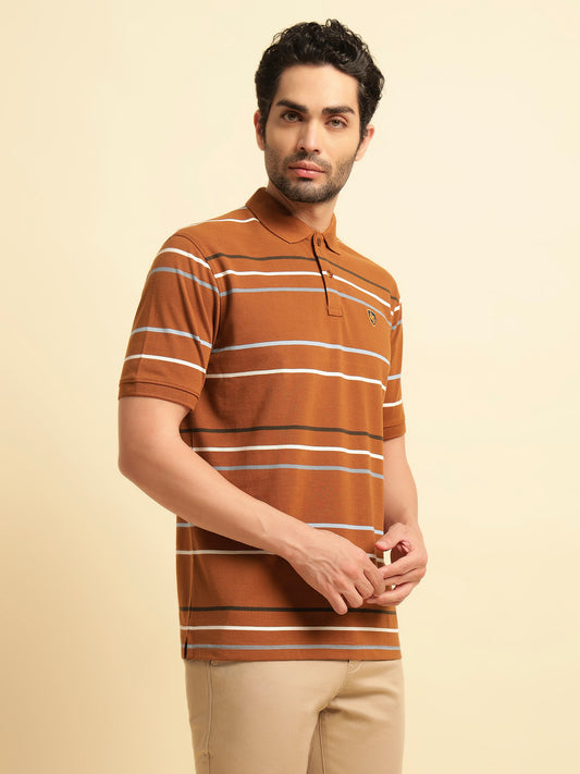 T-Shirt for Men | Breathable & Soft with Color Fastness Regular Fit Polo Neck Poly Cotton Fabric Striped Pattern