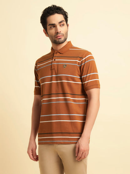 T-Shirt for Men | Breathable & Soft with Color Fastness Regular Fit Polo Neck Poly Cotton Fabric Striped Pattern