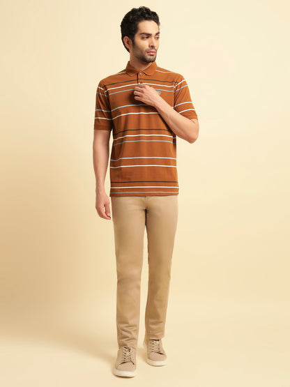 T-Shirt for Men | Breathable & Soft with Color Fastness Regular Fit Polo Neck Poly Cotton Fabric Striped Pattern