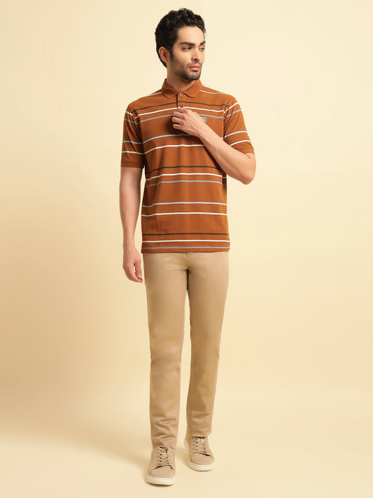 T-Shirt for Men | Breathable & Soft with Color Fastness Regular Fit Polo Neck Poly Cotton Fabric Striped Pattern
