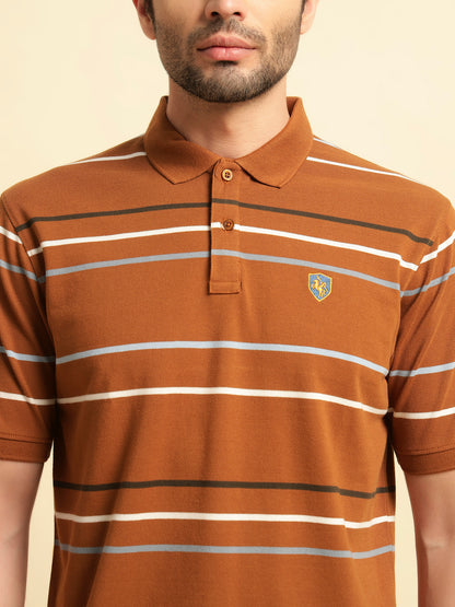 T-Shirt for Men | Breathable & Soft with Color Fastness Regular Fit Polo Neck Poly Cotton Fabric Striped Pattern