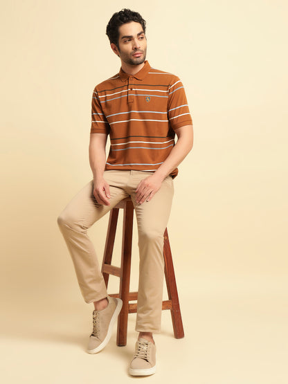 T-Shirt for Men | Breathable & Soft with Color Fastness Regular Fit Polo Neck Poly Cotton Fabric Striped Pattern