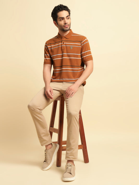T-Shirt for Men | Breathable & Soft with Color Fastness Regular Fit Polo Neck Poly Cotton Fabric Striped Pattern