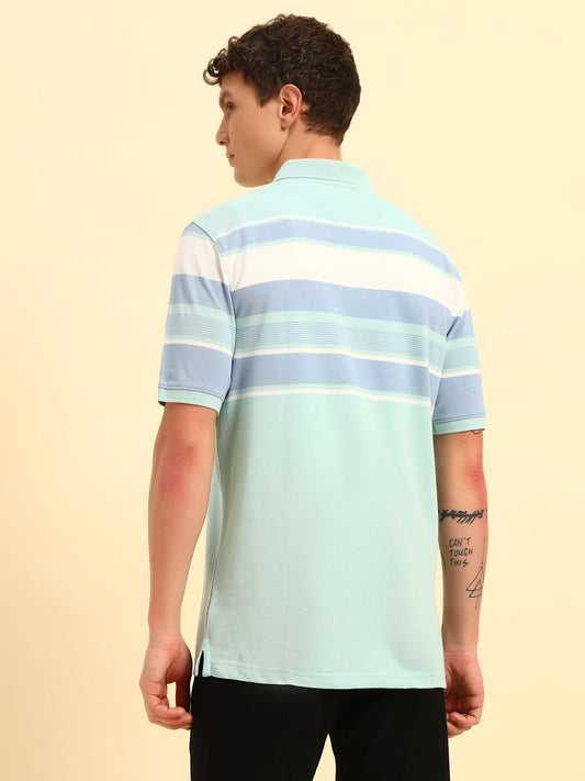 T-Shirt for Men | Breathable & Soft with Color Fastness Regular Fit Polo Neck Poly Cotton Fabric Striped Pattern