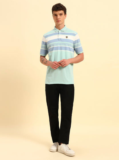 T-Shirt for Men | Breathable & Soft with Color Fastness Regular Fit Polo Neck Poly Cotton Fabric Striped Pattern