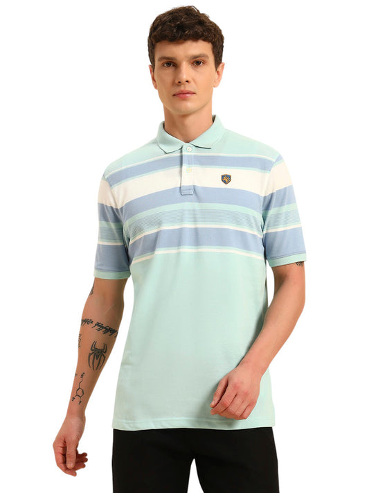 T-Shirt for Men | Breathable & Soft with Color Fastness Regular Fit Polo Neck Poly Cotton Fabric Striped Pattern