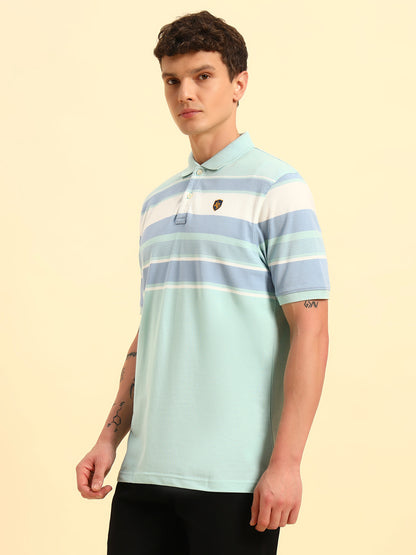 T-Shirt for Men | Breathable & Soft with Color Fastness Regular Fit Polo Neck Poly Cotton Fabric Striped Pattern
