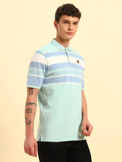 T-Shirt for Men | Breathable & Soft with Color Fastness Regular Fit Polo Neck Poly Cotton Fabric Striped Pattern