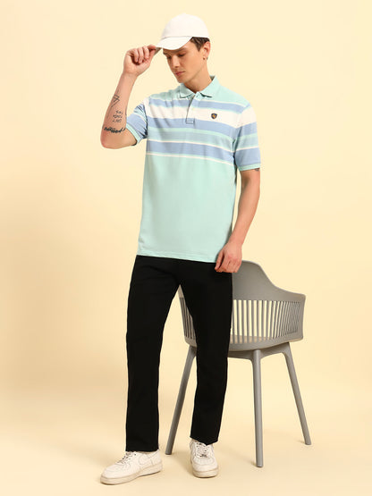 T-Shirt for Men | Breathable & Soft with Color Fastness Regular Fit Polo Neck Poly Cotton Fabric Striped Pattern