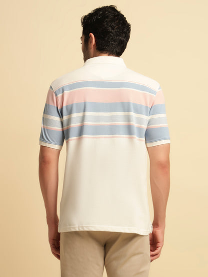 T-Shirt for Men | Breathable & Soft with Color Fastness Regular Fit Polo Neck Poly Cotton Fabric Striped Pattern