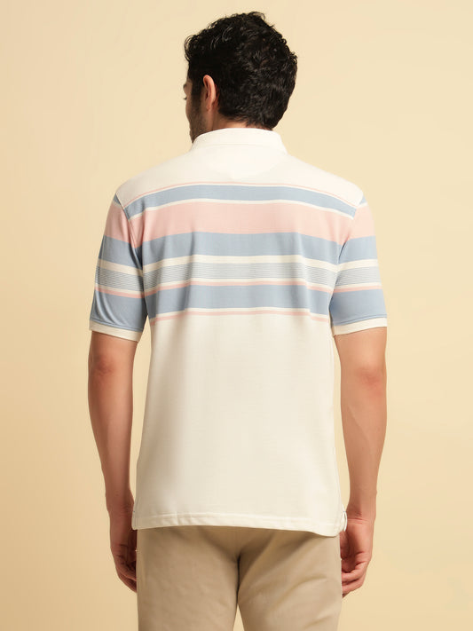T-Shirt for Men | Breathable & Soft with Color Fastness Regular Fit Polo Neck Poly Cotton Fabric Striped Pattern