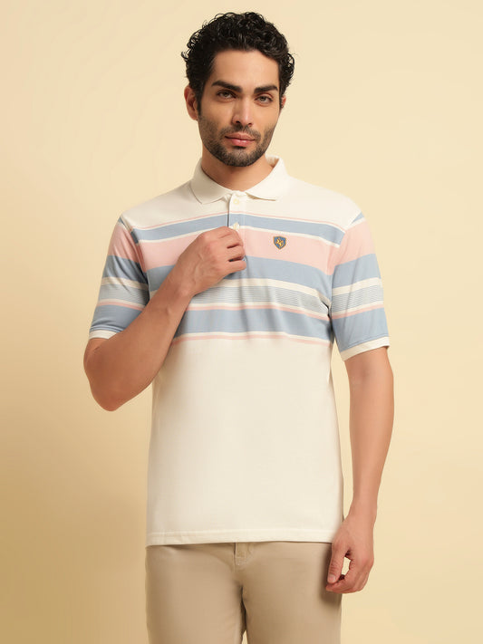 T-Shirt for Men | Breathable & Soft with Color Fastness Regular Fit Polo Neck Poly Cotton Fabric Striped Pattern