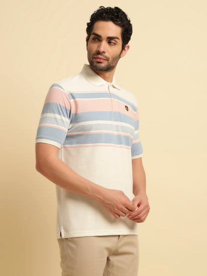 T-Shirt for Men | Breathable & Soft with Color Fastness Regular Fit Polo Neck Poly Cotton Fabric Striped Pattern