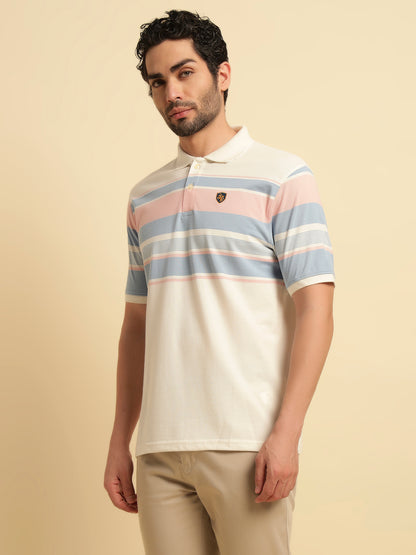 T-Shirt for Men | Breathable & Soft with Color Fastness Regular Fit Polo Neck Poly Cotton Fabric Striped Pattern