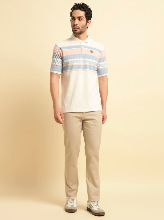 T-Shirt for Men | Breathable & Soft with Color Fastness Regular Fit Polo Neck Poly Cotton Fabric Striped Pattern