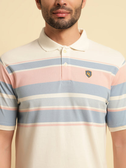 T-Shirt for Men | Breathable & Soft with Color Fastness Regular Fit Polo Neck Poly Cotton Fabric Striped Pattern