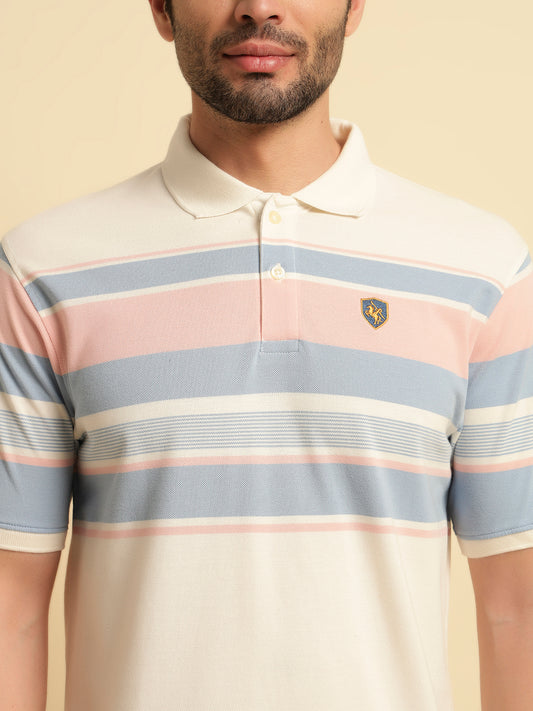 T-Shirt for Men | Breathable & Soft with Color Fastness Regular Fit Polo Neck Poly Cotton Fabric Striped Pattern