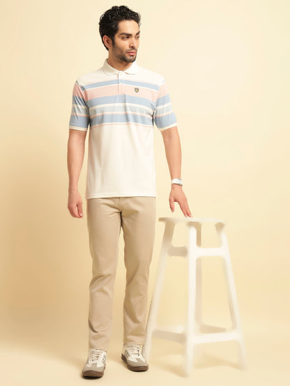 T-Shirt for Men | Breathable & Soft with Color Fastness Regular Fit Polo Neck Poly Cotton Fabric Striped Pattern