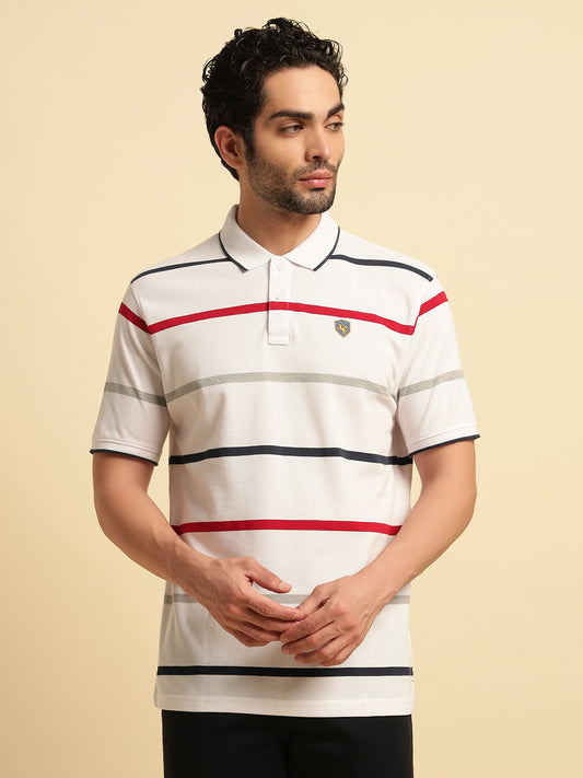 T-Shirt for Men | Breathable & Soft with Color Fastness Regular Fit Polo Neck Poly Cotton Fabric Striped Pattern