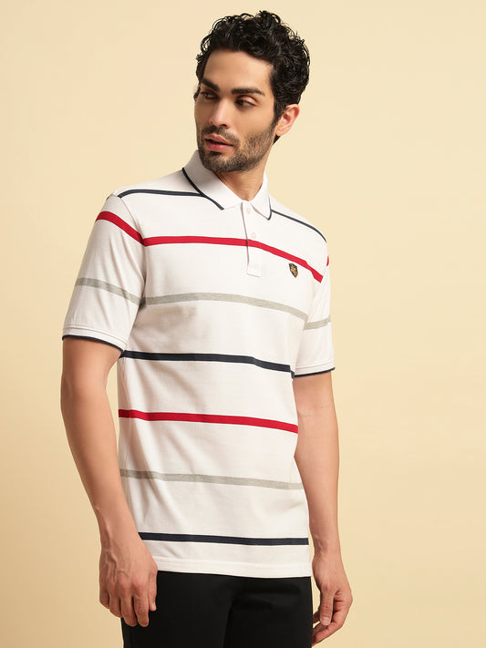T-Shirt for Men | Breathable & Soft with Color Fastness Regular Fit Polo Neck Poly Cotton Fabric Striped Pattern