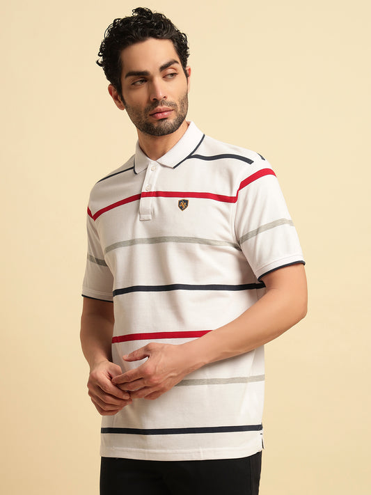 T-Shirt for Men | Breathable & Soft with Color Fastness Regular Fit Polo Neck Poly Cotton Fabric Striped Pattern
